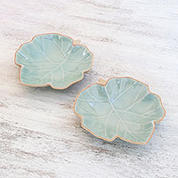 Leaf-Shaped Celadon Ceramic Serving Bowls (Pair),'Ivy Leaves'
