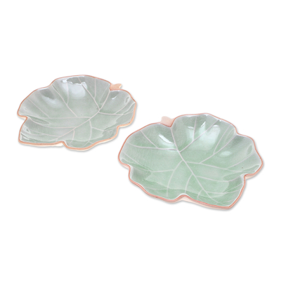 Celadon ceramic serving bowls, 'Ivy Leaves' (pair) - Leaf-Shaped Celadon Ceramic Serving Bowls (Pair)