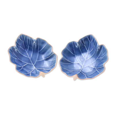 Cuencos de cerámica para servir, (par) - Cuencos para servir de cerámica azul con forma de hoja de Tailandia (par)