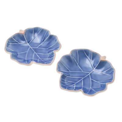 Keramik-Servierschalen, (Paar) - Blattförmige blaue Keramik-Servierschalen aus Thailand (Paar)