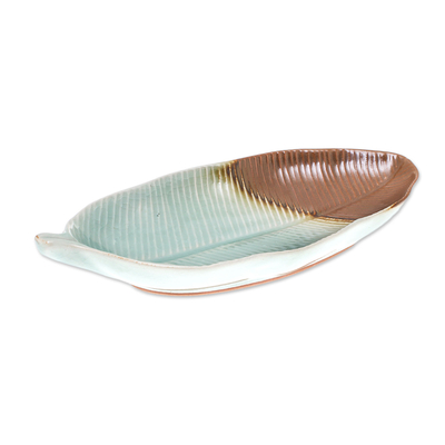 Celadon ceramic platter, 'Nature is Present' - Leaf-Shaped Celadon Ceramic Platter from Thailand