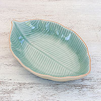 Celadon ceramic serving bowl, 'Thai Leaf' - Leaf-Shaped Celadon Ceramic Serving Bowl from Thailand