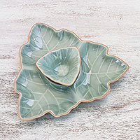 Celadon ceramic appetizer dishes, 'Maple Leaf' (pair) - Green Leaf Celadon Ceramic Appetizer Dishes (Pair)