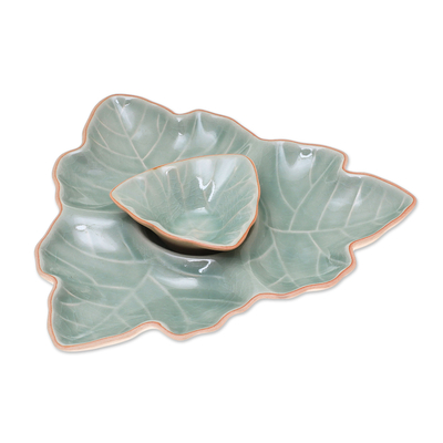 Platos de aperitivo de cerámica Celadon, (par) - Platos de aperitivo de cerámica de celadón de hoja verde (par)