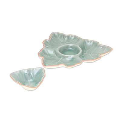 Celadon ceramic appetizer dishes, 'Maple Leaf' (pair) - Green Leaf Celadon Ceramic Appetizer Dishes (Pair)