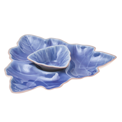 Platos de aperitivo de cerámica, (par) - Platos de aperitivo de cerámica Blue Leaf de Tailandia (par)
