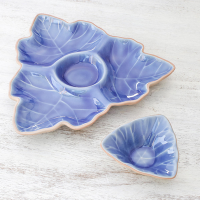 Ceramic appetizer dishes, 'Maple Leaf' (pair) - Blue Leaf Ceramic Appetizer Dishes from Thailand (Pair)