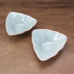 Ceramic condiment servers, 'Luxe Leaves in Green' (pair) - Triangular Celadon Green Ceramic Condiment Servers (Pair)