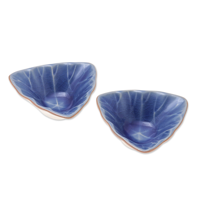Servidores de condimentos de cerámica, (par) - Servidores de condimentos de cerámica azul triangulares hechos a mano (par)