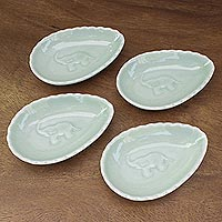 Cuencos de condimentos de cerámica Celadon, 'Huevos de elefante' (juego de 4) - Cuencos de condimentos de cerámica Celadon con temática de elefante (Juego de 4)