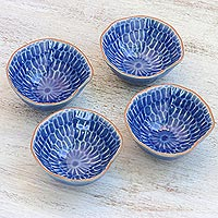 Celadon ceramic appetizer bowls, 'Sunflower Dream' (set of 4) - Blue Ceramic Appetizer Bowls from Thailand (Set of 4)