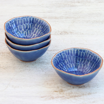 Celadon ceramic appetizer bowls, 'Sunflower Dream' (set of 4) - Blue Ceramic Appetizer Bowls from Thailand (Set of 4)