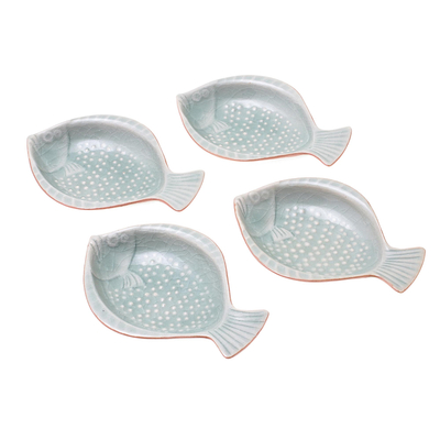 Handcrafted Celadon Ceramic Fish Appetizer Dishes (Set of 4)