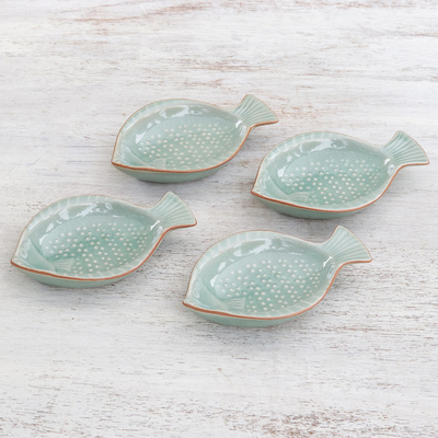 Platos de aperitivo de cerámica, (juego de 4) - Platos de aperitivo de pescado de cerámica Celadon hechos a mano (juego de 4)