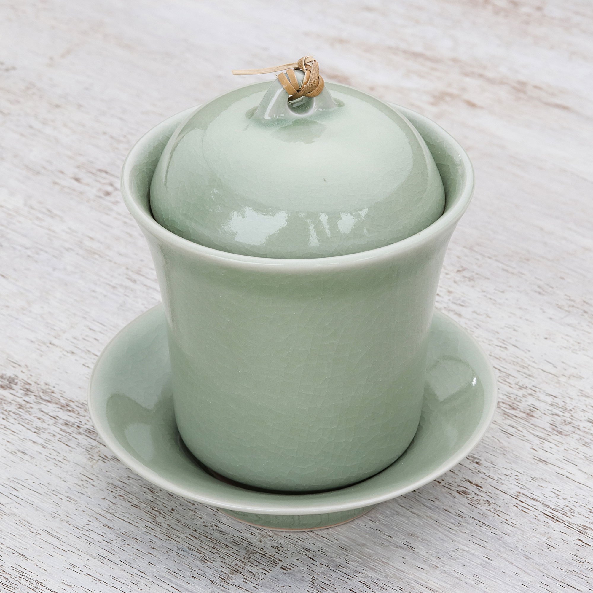 UNICEF Market Handcrafted Celadon Green Ceramic Soup Cup Lid Saucer