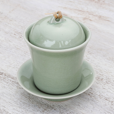 Celadon ceramic soup cup with lid and saucer, 'Cup of Comfort in Green' - Handcrafted Celadon Green Ceramic Soup Cup Lid Saucer Set