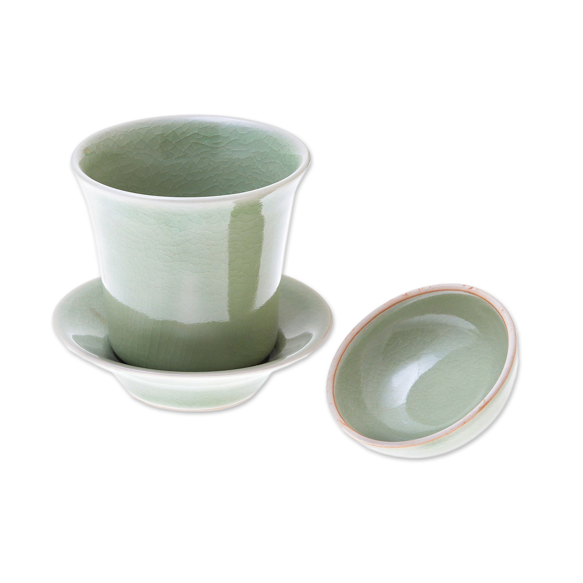 UNICEF Market Handcrafted Celadon Green Ceramic Soup Cup Lid Saucer