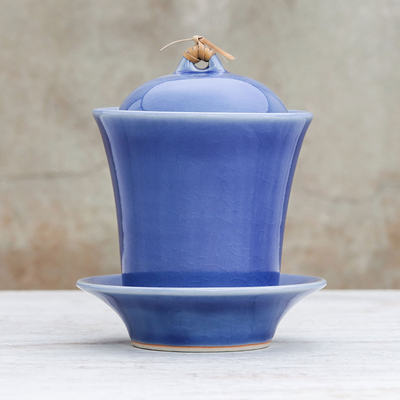 Ceramic soup cup with lid and saucer, 'Cup of Comfort in Blue' - Handcrafted Blue Ceramic Soup Cup Set with Lid and Saucer