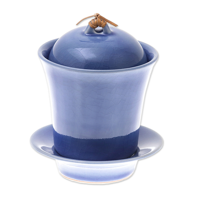 Suppentasse aus Keramik mit Deckel und Untertasse - Handgefertigtes blaues Keramik-Suppentassen-Set mit Deckel und Untertasse