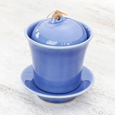 Taza de sopa de cerámica con tapa y platillo. - Juego de tazas de sopa de cerámica azul con tapa y plato hechos a mano.