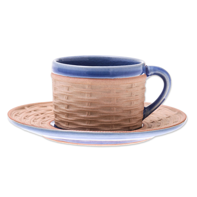 Taza y platillo de cerámica - Taza y plato de cerámica azul con motivo de mimbre hechos a mano
