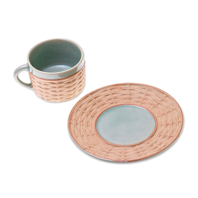 Taza y platillo de cerámica - Taza y platillo de cerámica Celadon con motivo de mimbre hechos a mano