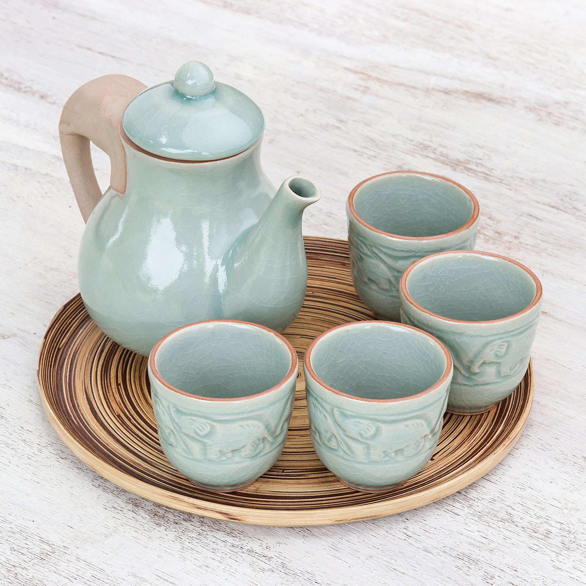 ElephantThemed Celadon Ceramic Tea Set (6 Piece) Elephant Gathering