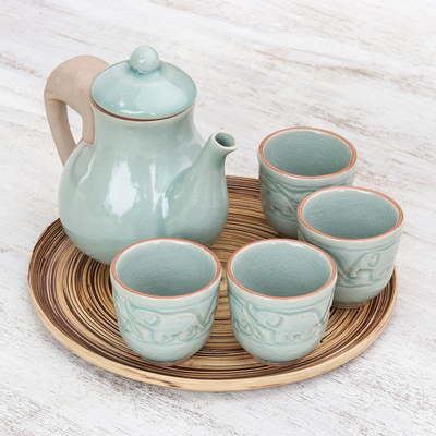 Juego de té de cerámica Celadon, (juego para 4) - Juego de té de cerámica celadón con tema de elefante (6 piezas)