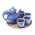 Celadon ceramic tea set, 'Elephant Gathering' (set for 4) - Elephant-Themed Blue Ceramic Tea Set for 4 (6 Pieces)