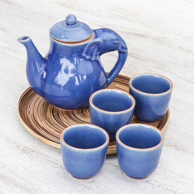 Juego de té de cerámica Celadon, (juego para 4) - Juego de té de cerámica azul con diseño de elefante para 4 personas (6 piezas)