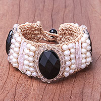 Quartz and cultured pearl wristband bracelet, 'Jazz Age' - Quartz and Cultured Pearl Wristband Bracelet from Thailand