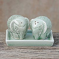 Celadon ceramic salt and pepper shaker set, 'Elephant Texture' (3 pieces) - Elephant-Themed Celadon Ceramic Salt and Pepper Shaker Set
