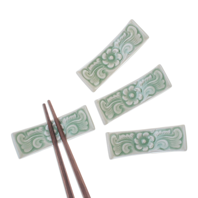 Celadon ceramic chopstick rests, 'Flower Cuisine' (set of 4) - Floral Celadon Ceramic Chopstick Rests (Set of 4)