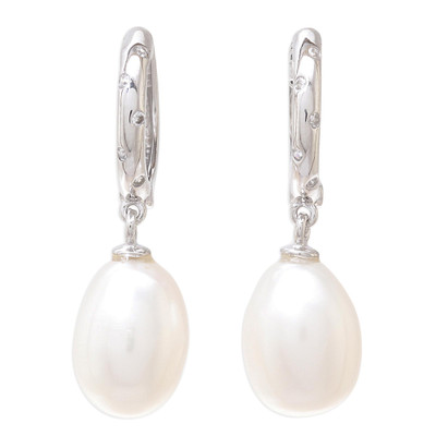 White gold plated cultured pearl dangle earrings, 'Refreshing Morning in White' - White Gold Plated Cultured Pearl Dangle Earrings in White