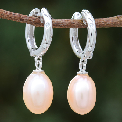 White gold plated cultured pearl dangle earrings, Refreshing Morning in Peach