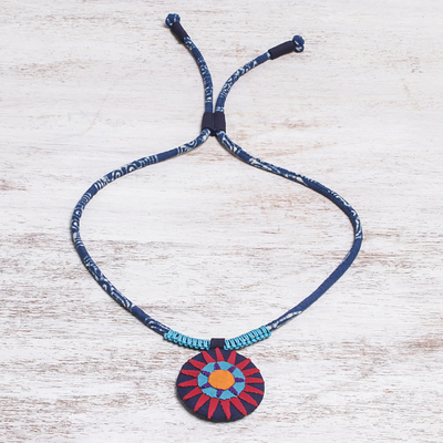 Cotton pendant necklace, 'Red Hmong Sun Medallion' - Handcrafted Cotton Pendant Necklace in Red from Thailand