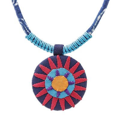 Cotton pendant necklace, 'Red Hmong Sun Medallion' - Handcrafted Cotton Pendant Necklace in Red from Thailand