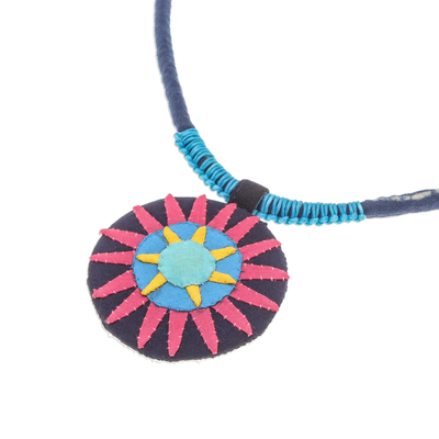 Cotton pendant necklace, 'Pink Hmong Sun Medallion' - Handcrafted Cotton Pendant Necklace in Pink from Thailand