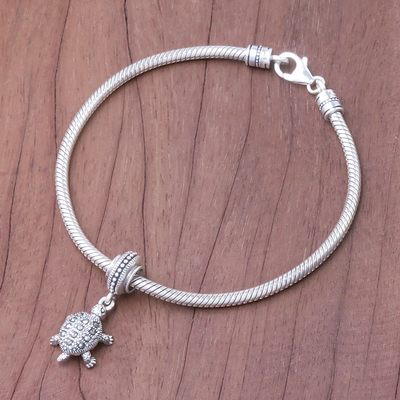 Sterling silver bracelet charm, 'Glamorous Turtle' - Sterling Silver Turtle Bracelet Charm from Thailand
