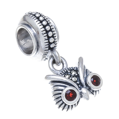 Onyx and marcasite bracelet charm, 'Owl Glamour' - Onyx and Sterling Silver Owl Bracelet Charm from Thailand