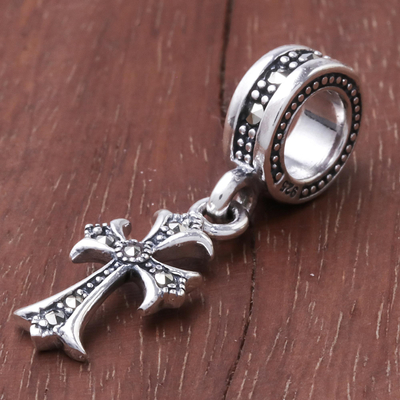 Sterling silver bracelet charm, 'Glamorous Cross' - Sterling Silver Cross Bracelet Charm from Thailand