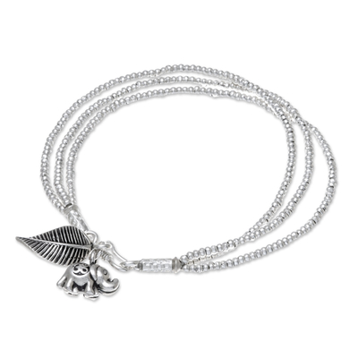 Elephant-Themed Silver Beaded Charm Bracelet from Thailand
