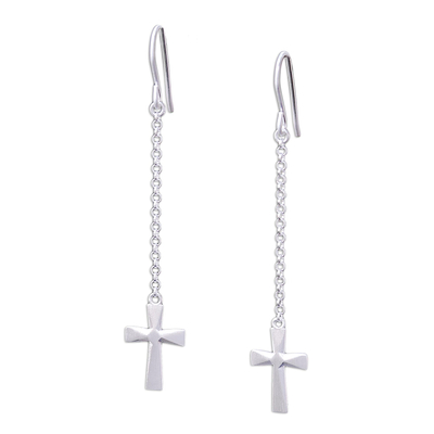 Sterling silver dangle earrings, 'Profession of Faith' - Sterling Silver Cross Dangle Earrings from Thailand