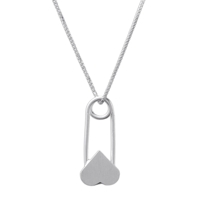 Sterling silver pendant necklace, 'Safety Heart' - Sterling Silver Heart Pin Pendant Necklace from Thailand