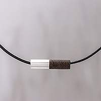 Men's sterling silver and wood pendant necklace, 'Cylindrical Balance'
