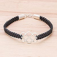 Sterling silver and leather pendant bracelet, 'Infinity Way in Black'