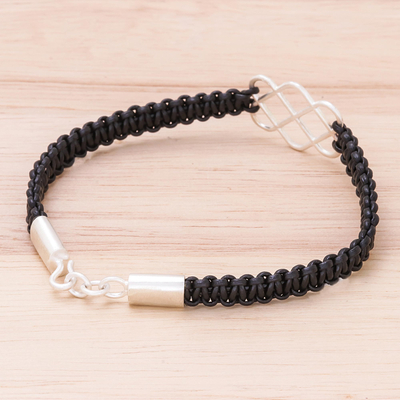 Sterling silver and leather pendant bracelet, 'Infinity Way in Black' - Sterling Silver and Black Leather Pendant Bracelet