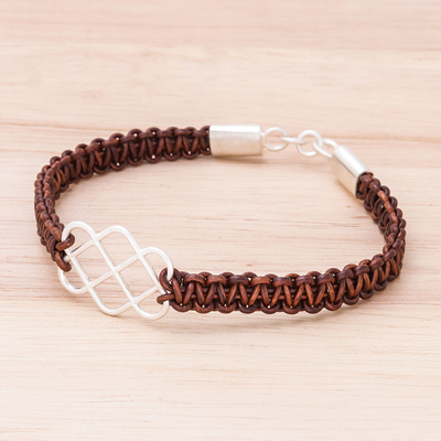 Sterling silver and leather pendant bracelet, 'Infinity Way in Brown' - Sterling Silver and Brown Leather Pendant Bracelet
