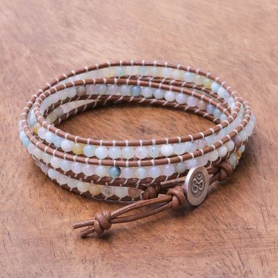 Quartz beaded wrap bracelet, 'Calm Touch' - Om-Themed Quartz Beaded Wrap Bracelet from Thailand