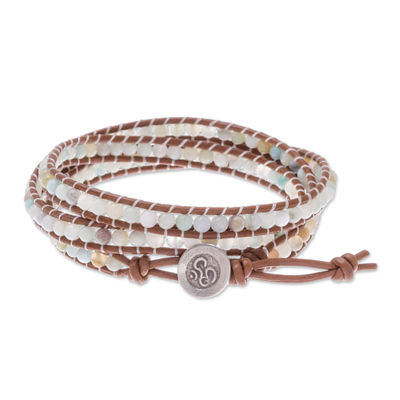 Quartz beaded wrap bracelet, 'Calm Touch' - Om-Themed Quartz Beaded Wrap Bracelet from Thailand